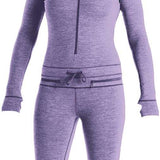 Airblaster Women's Merino Ninja Suit 2023 - Heathered purple merino wool ninja suit with a hood and zipper.