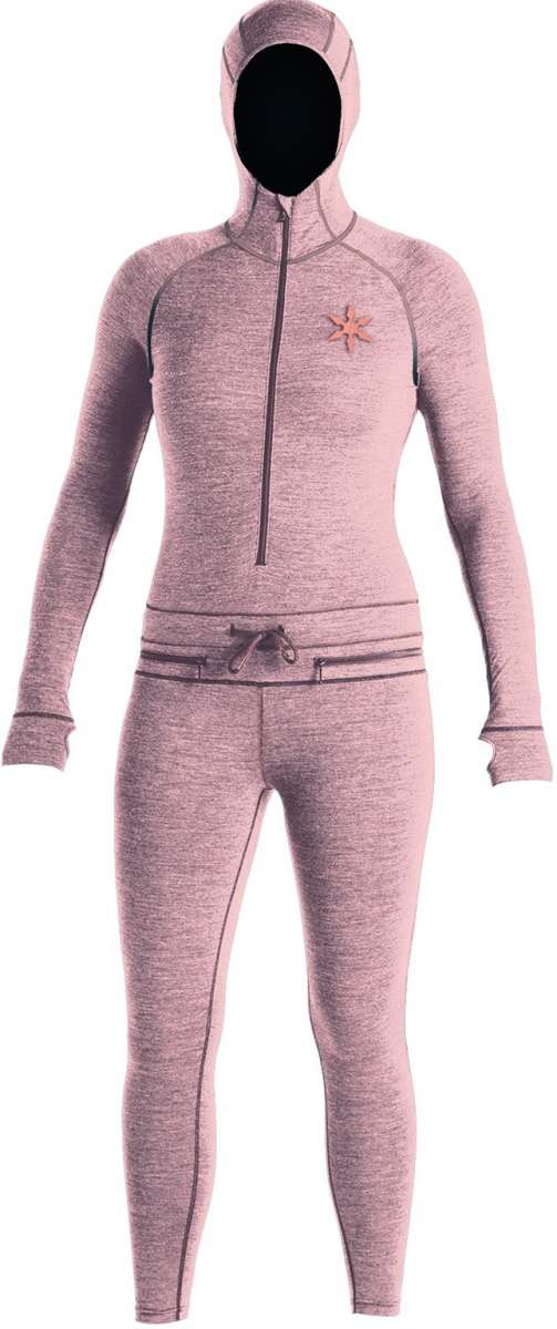 Airblaster Women's Merino Ninja Suit 2023 - Heathered pink snowsuit with a zipper down the front and a star logo on the left chest.