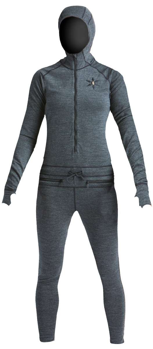 Airblaster Women's Merino Ninja Suit 2024 - Heathered gray merino wool base layer with a hood and zipper.