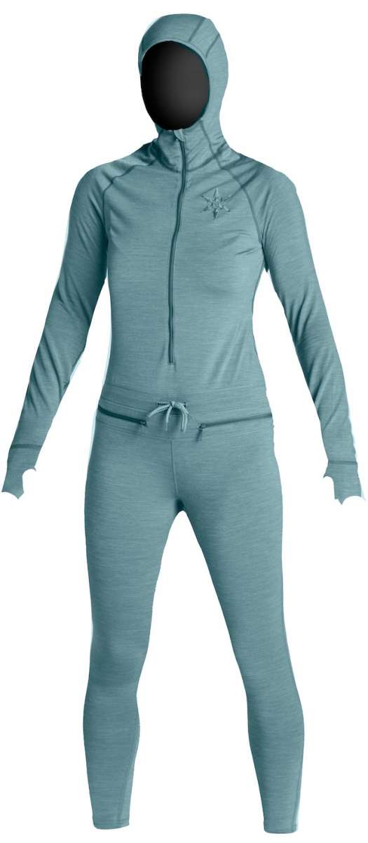 Airblaster Women's Merino Ninja Suit 2024 - A heathered green snowsuit with a hood and zipper down the front.