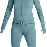 Airblaster Women's Merino Ninja Suit 2024 - A heathered green snowsuit with a hood and zipper down the front.