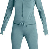 Airblaster Women's Merino Ninja Suit 2024 - A heathered green snowsuit with a hood and zipper down the front.