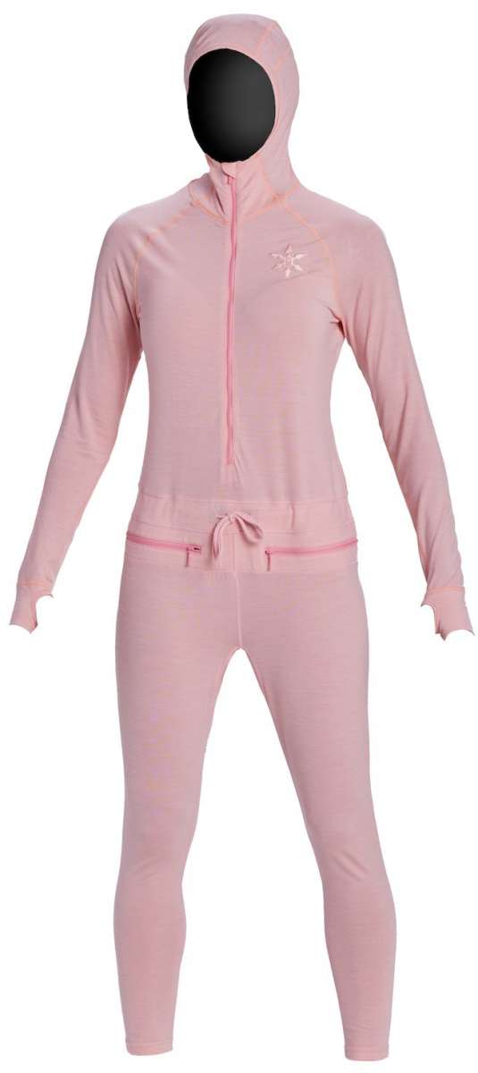 Airblaster Women's Merino Ninja Suit 2024 - A pink snowsuit with a hood and zipper down the front, featuring a star logo on the left chest area.