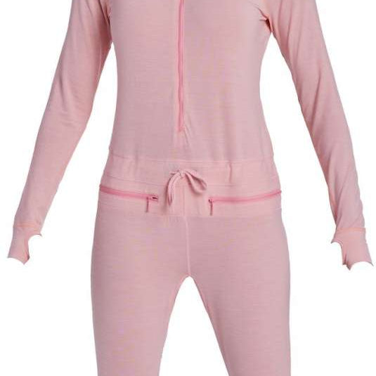Airblaster Women's Merino Ninja Suit 2024 - A pink snowsuit with a hood and zipper down the front, featuring a star logo on the left chest area.