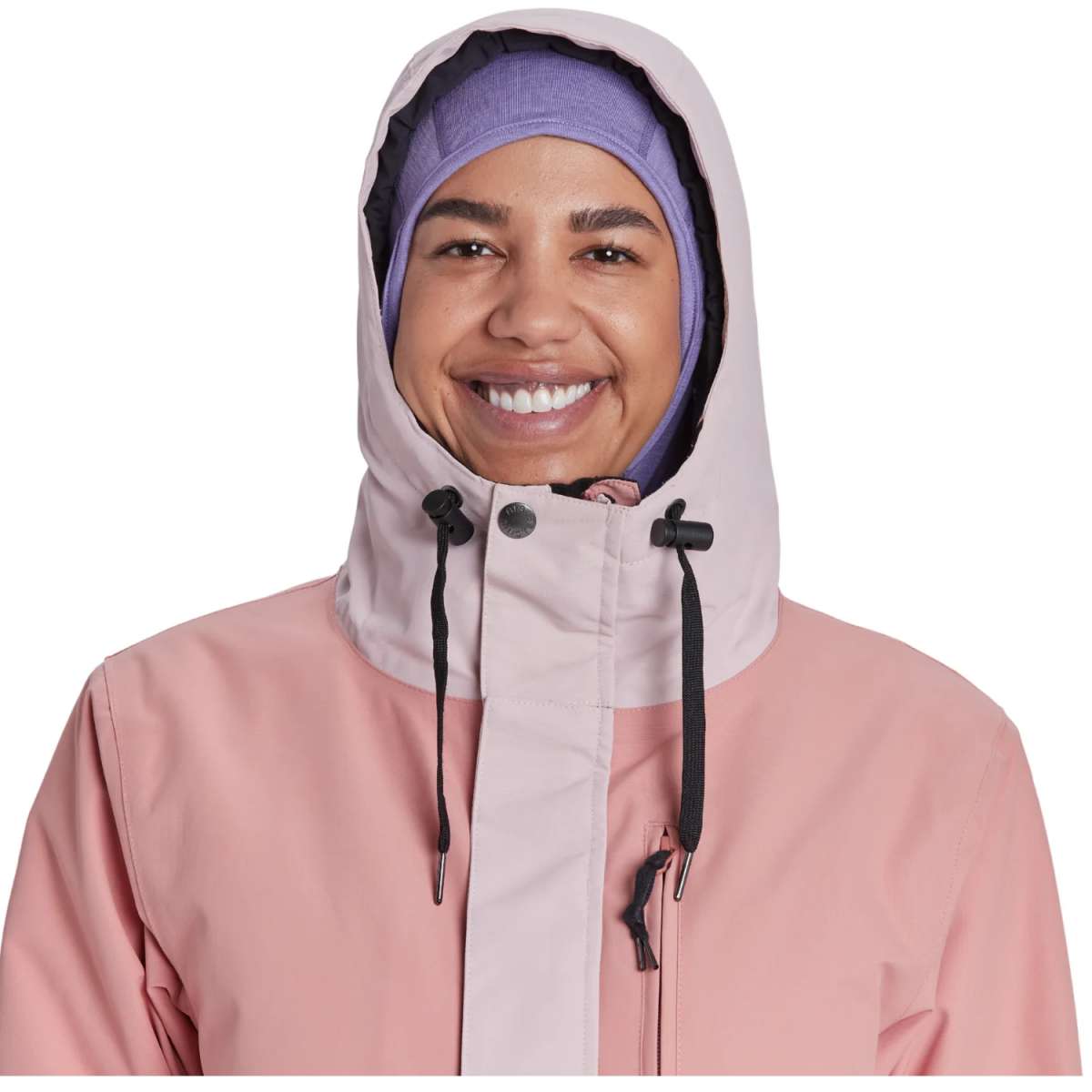 Airblaster Women's Stay Wild Insulated Parka 2024 - A pink parka with a hood and black drawstrings.