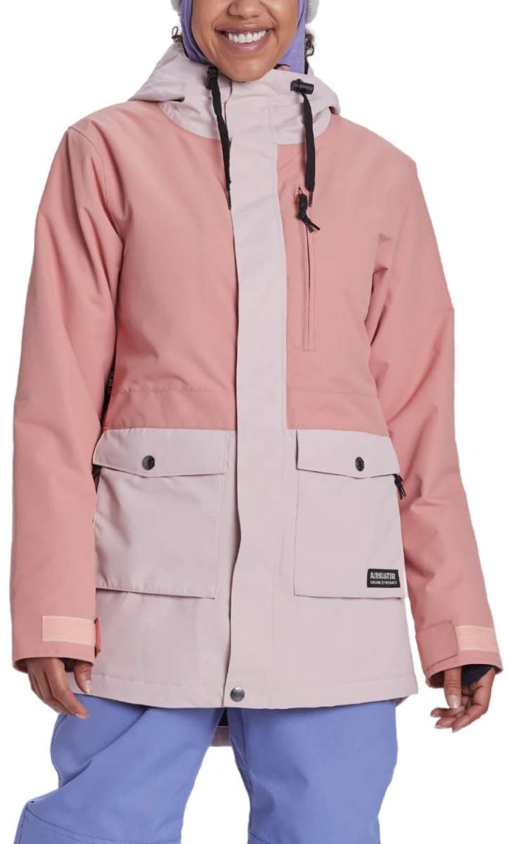 Airblaster Women's Stay Wild Insulated Parka 2024 - A pink and white parka with a hood, featuring two front pockets and a black zipper.