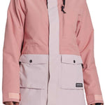 Airblaster Women's Stay Wild Insulated Parka 2024 - A pink and white parka with a hood, featuring two front pockets and a black zipper.