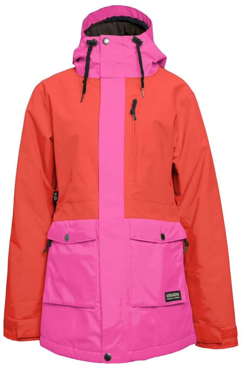 Airblaster Women's Stay Wild Insulated Parka 2024 - A bright pink parka with a hood and two zippered pockets on the front.