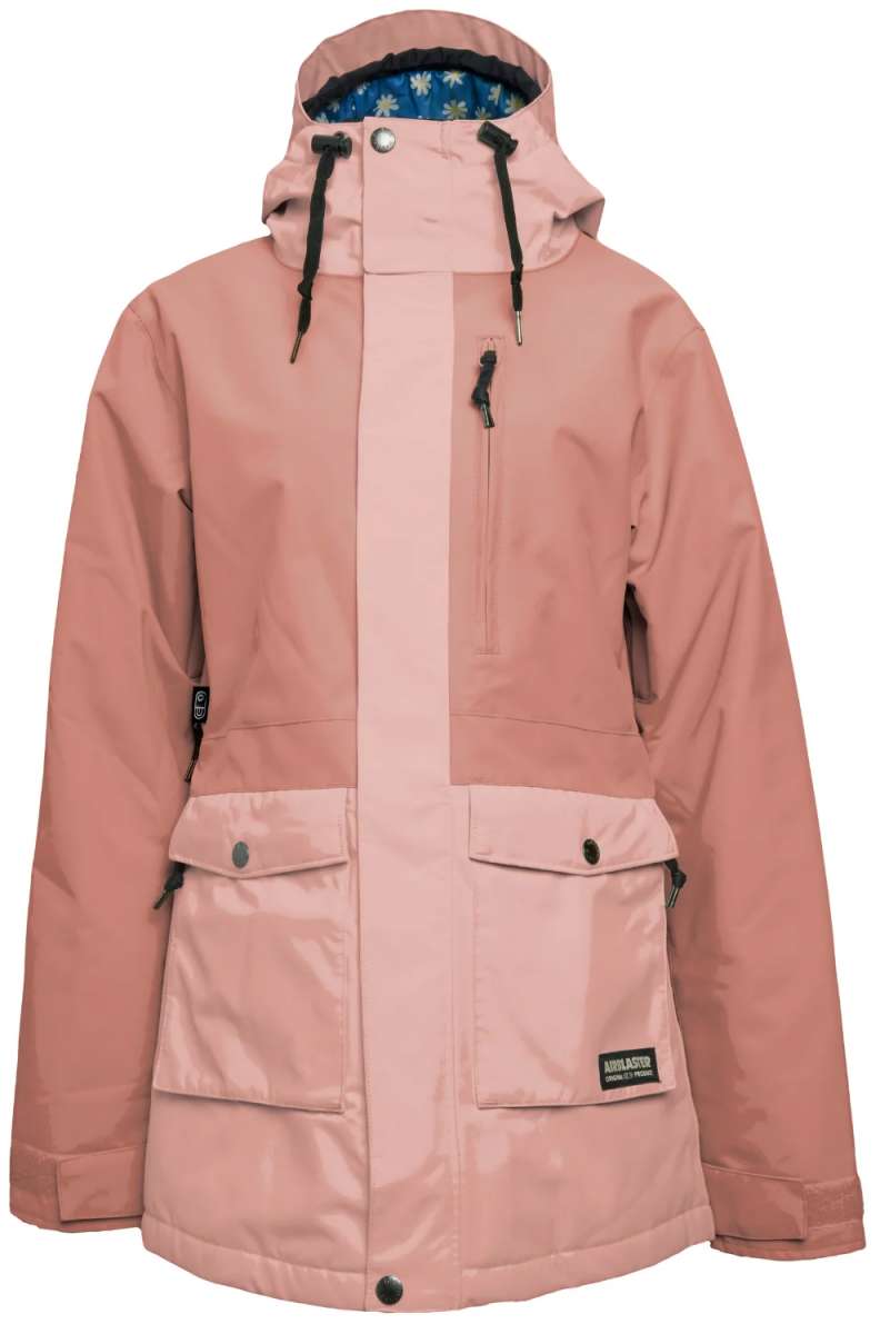 Airblaster Women's Stay Wild Insulated Parka 2024 - A dusty rose-colored parka with a blue and yellow floral pattern lining visible inside the hood.