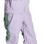 Airblaster Women's Stretch Freedom Suit 2023 - A lavender-colored snowsuit with green accents and a black zipper.