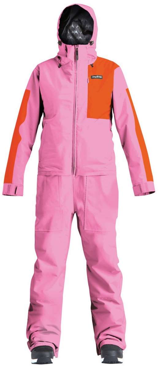 Airblaster Women's Stretch Freedom Suit 2023 - A pink snowsuit with a black zipper and orange accents on the chest, sleeve, and leg.