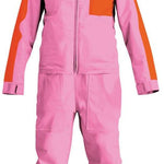 Airblaster Women's Stretch Freedom Suit 2023 - A pink snowsuit with a black zipper and orange accents on the chest, sleeve, and leg.