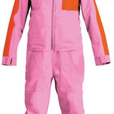 Airblaster Women's Stretch Freedom Suit 2023 - A pink snowsuit with a black zipper and orange accents on the chest, sleeve, and leg.