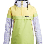 Airblaster Women's Trenchover Insulated Jacket 2022 - A light blue jacket with a floral pattern on the hood and sleeves, featuring a zipper closure at the front.