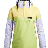 Airblaster Women's Trenchover Insulated Jacket 2022 - A light blue jacket with a floral pattern on the hood and sleeves, featuring a zipper closure at the front.