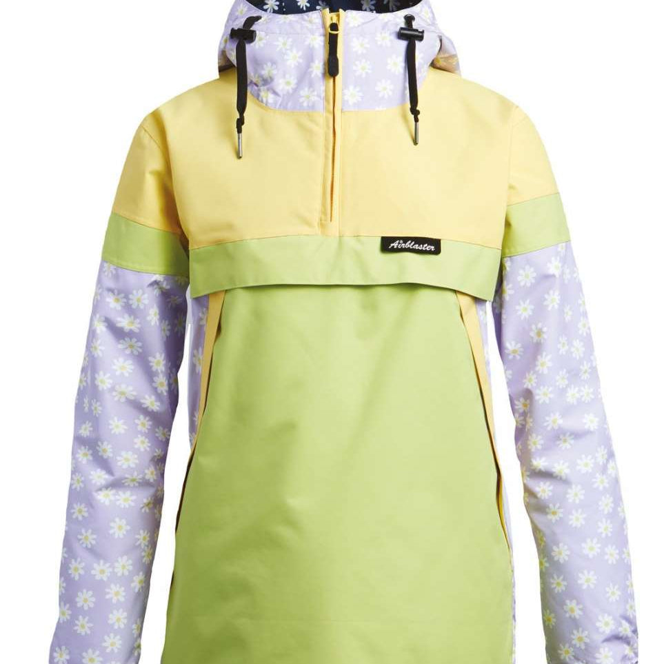 Airblaster Women's Trenchover Insulated Jacket 2022 - A light blue jacket with a floral pattern on the hood and sleeves, featuring a zipper closure at the front.