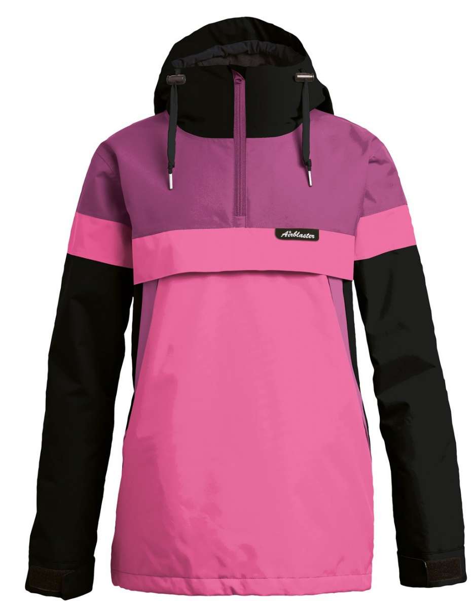 Airblaster Women's Trenchover Insulated Jacket 2022 - A pink and black insulated jacket with a hood, featuring a zipper closure and two zippered pockets on the front.