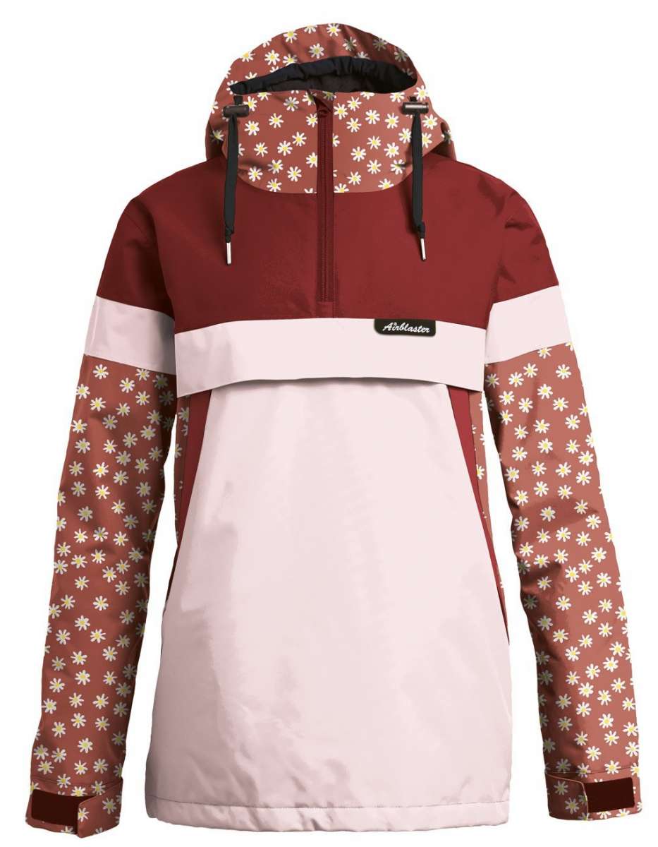 Airblaster Women's Trenchover Insulated Jacket 2022 - A burgundy jacket with a white stripe across the chest and hood, featuring small yellow flowers on the sleeves.