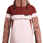 Airblaster Women's Trenchover Insulated Jacket 2022 - A burgundy jacket with a white stripe across the chest and hood, featuring small yellow flowers on the sleeves.