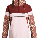 Airblaster Women's Trenchover Insulated Jacket 2022 - A burgundy jacket with a white stripe across the chest and hood, featuring small yellow flowers on the sleeves.