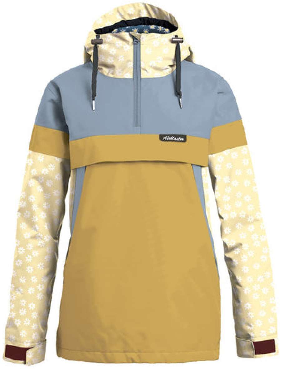 Airblaster Women's Trenchover Insulated Jacket 2024 - A light blue and yellow jacket with a hood, featuring white flowers on the sleeves.
