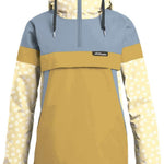 Airblaster Women's Trenchover Insulated Jacket 2024 - A light blue and yellow jacket with a hood, featuring white flowers on the sleeves.