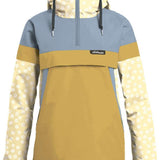 Airblaster Women's Trenchover Insulated Jacket 2024 - A light blue and yellow jacket with a hood, featuring white flowers on the sleeves.