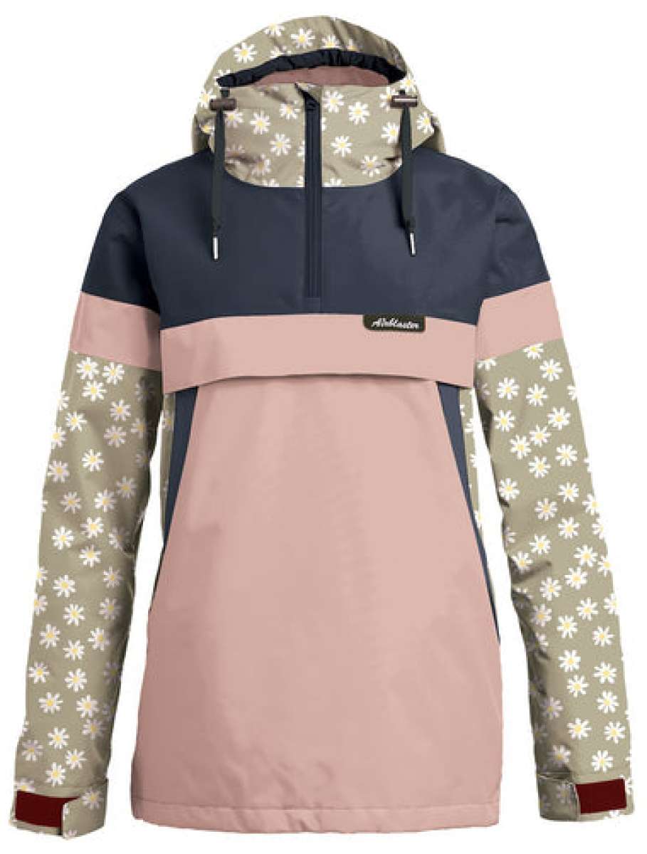 Airblaster Women's Trenchover Insulated Jacket 2024 - A navy blue jacket with a white and yellow floral pattern on the hood, sleeves, and chest.