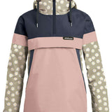 Airblaster Women's Trenchover Insulated Jacket 2024 - A navy blue jacket with a white and yellow floral pattern on the hood, sleeves, and chest.