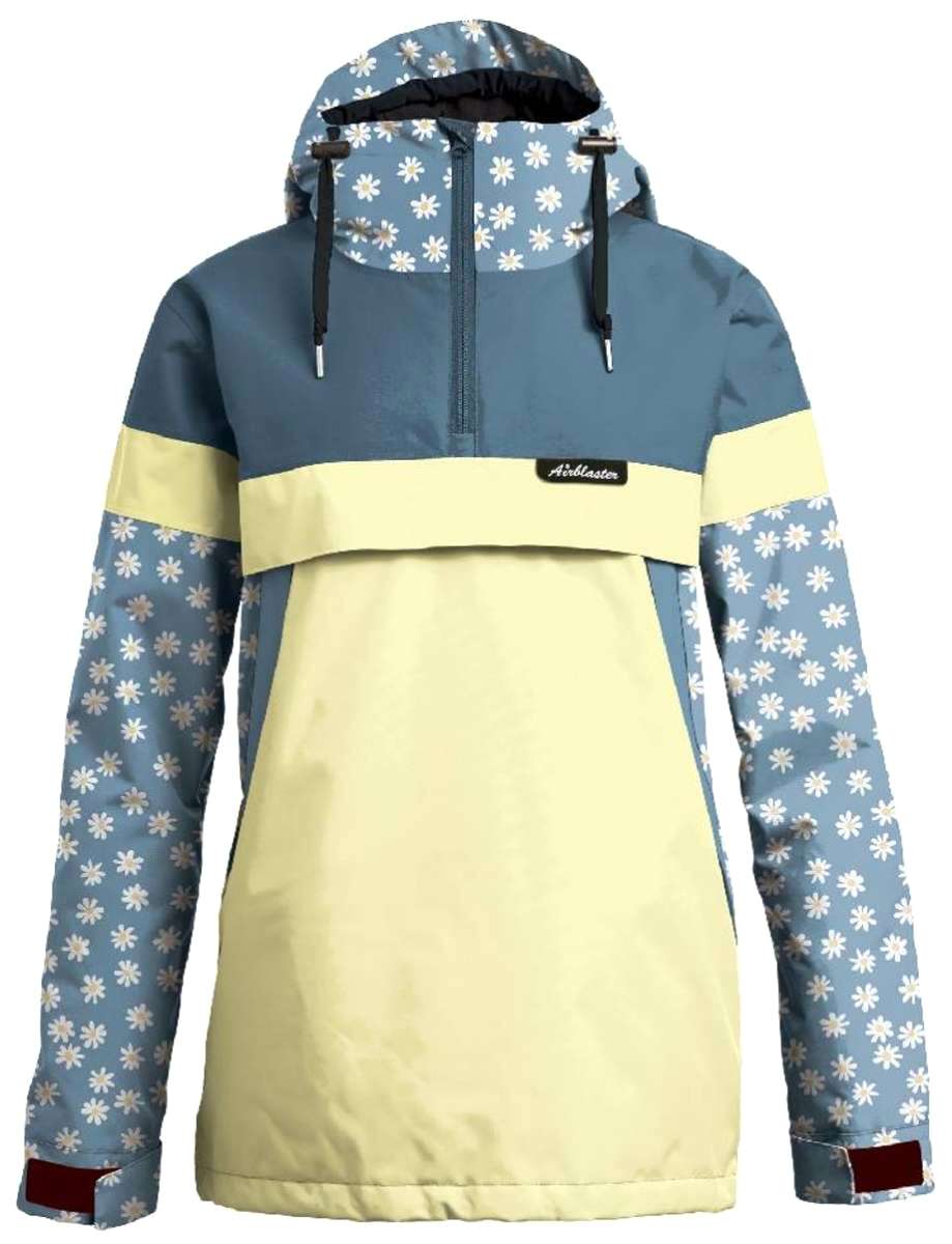 Airblaster Women's Trenchover Jacket 2023 - A blue and white floral patterned jacket with a hood, featuring a zipper closure at the front.