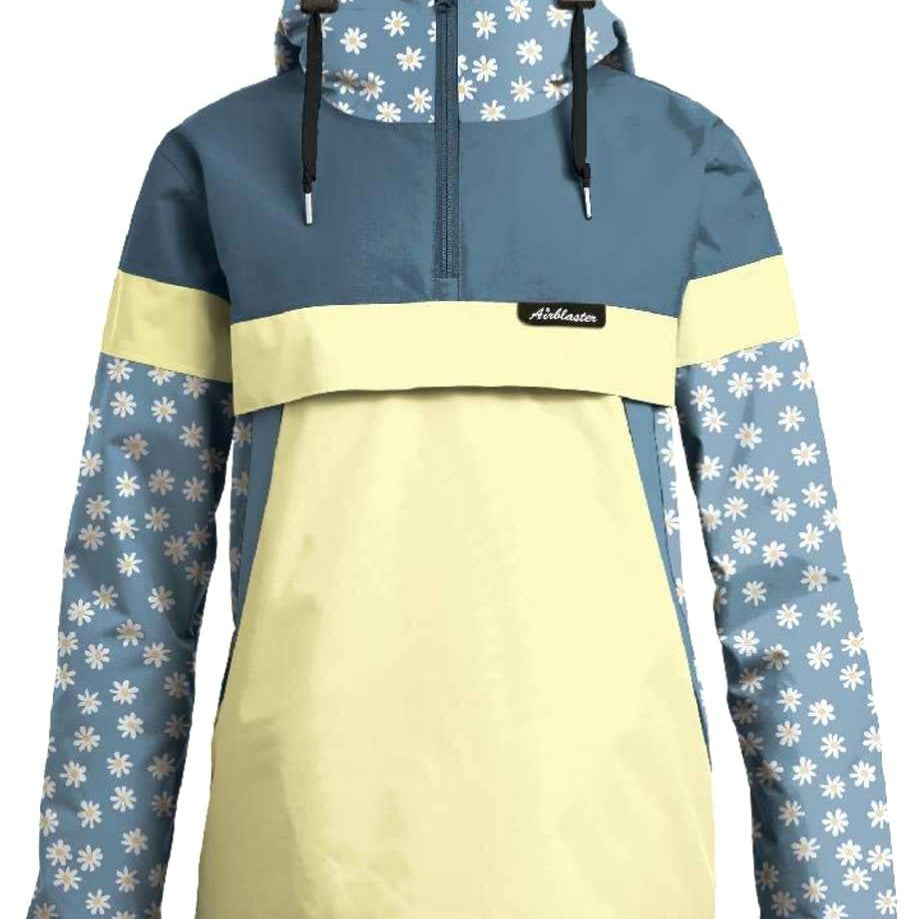 Airblaster Women's Trenchover Jacket 2023 - A blue and white floral patterned jacket with a hood, featuring a zipper closure at the front.