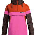 Airblaster Women's Trenchover Jacket 2023 - A black jacket with a white and red patterned design on the sleeves, featuring a hood and zip closure.