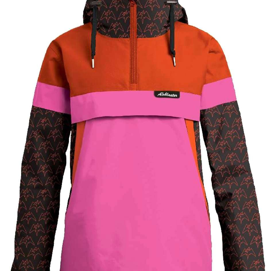 Airblaster Women's Trenchover Jacket 2023 - A black jacket with a white and red patterned design on the sleeves, featuring a hood and zip closure.