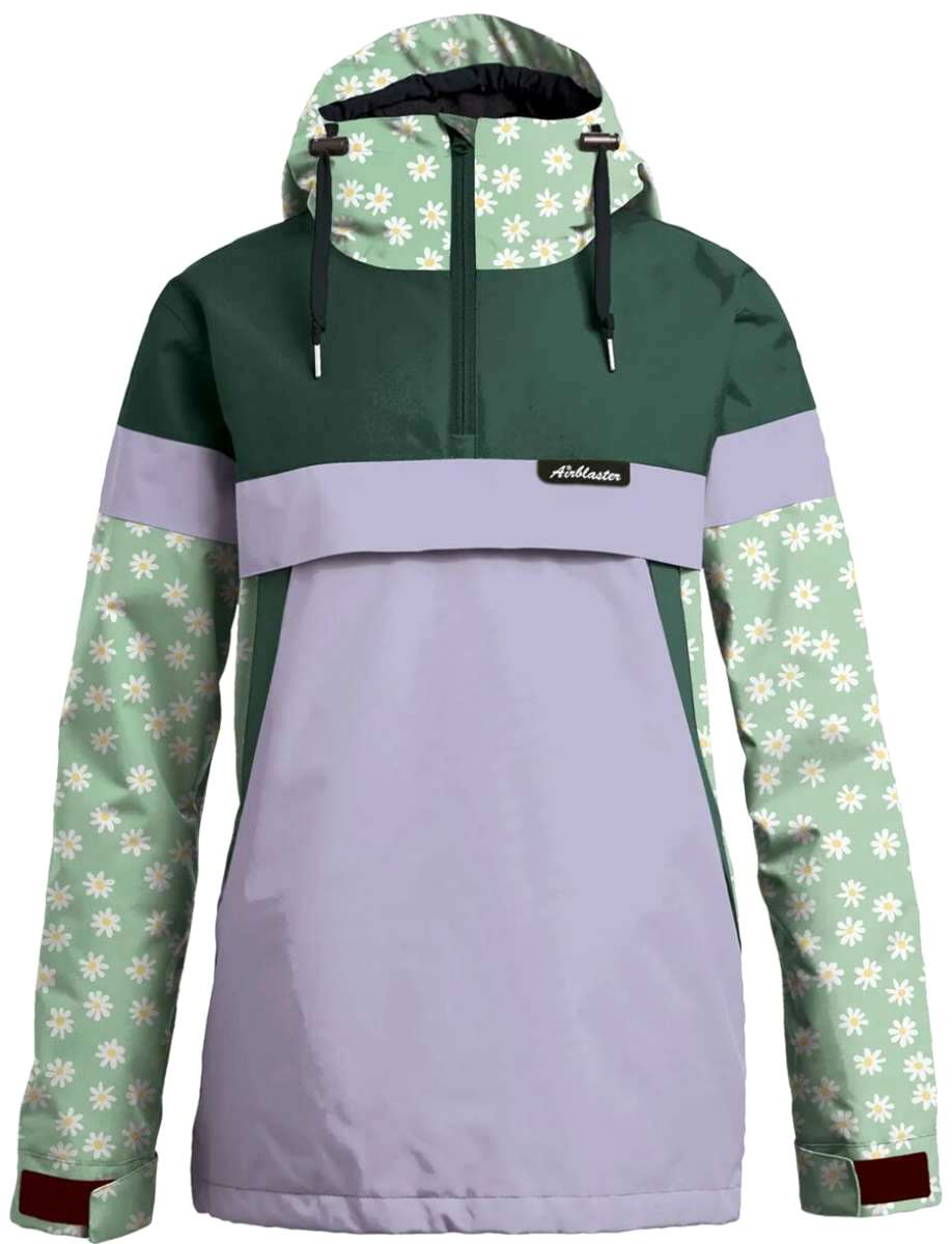 Airblaster Women's Trenchover Jacket 2023 - A green and grey jacket with a hood, featuring white daisies on the sleeves.