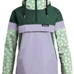 Airblaster Women's Trenchover Jacket 2023 - A green and grey jacket with a hood, featuring white daisies on the sleeves.