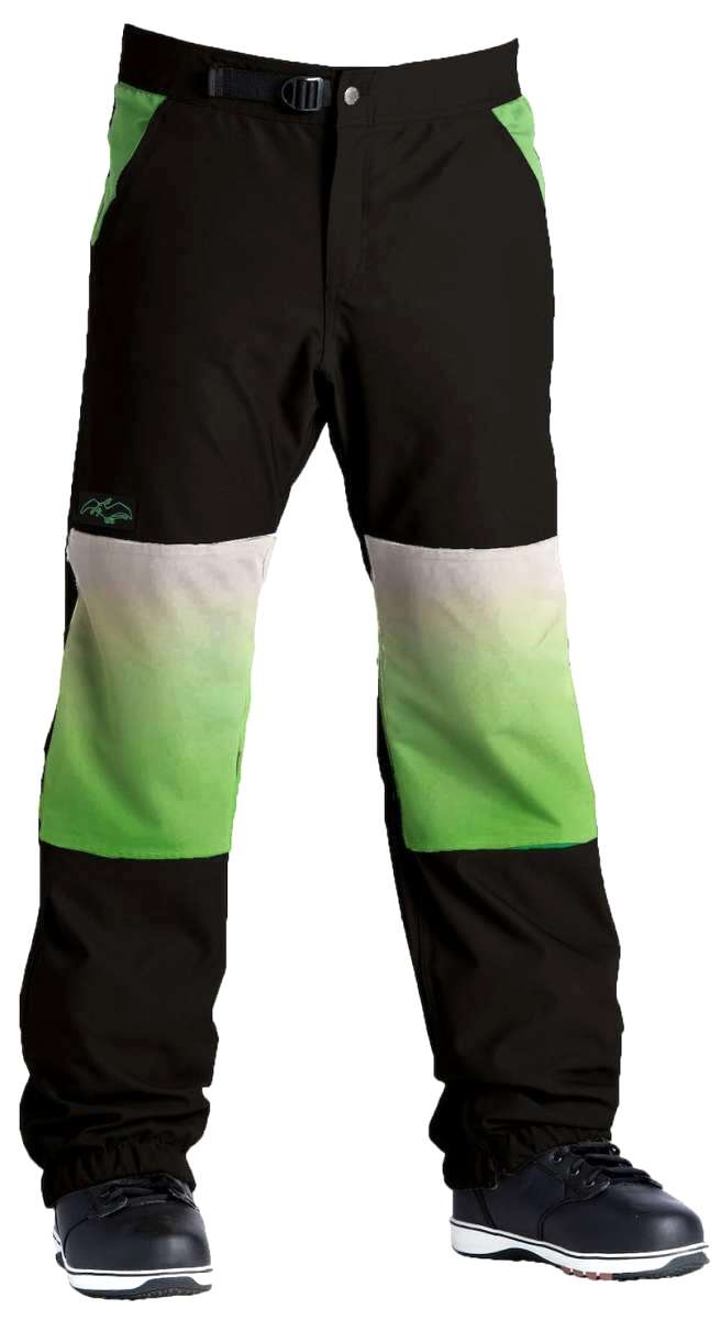 Airblaster Max Elastic Shell Boss Pant 2024 - Black pants with a green and white stripe on the side of each leg.