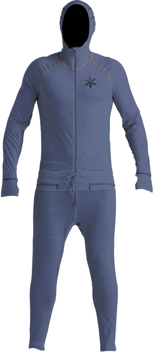 Airblaster Merino Ninja Suit 2023 - A dark gray, full-body suit with a hood and zipper down the front.
