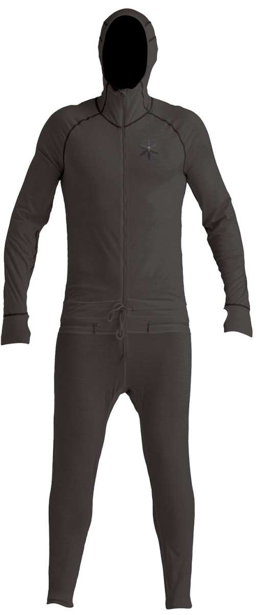 Airblaster Merino Ninja Suit 2024 - Black snowsuit with a hood and zipper down the front, featuring a small embroidered star on the left chest.