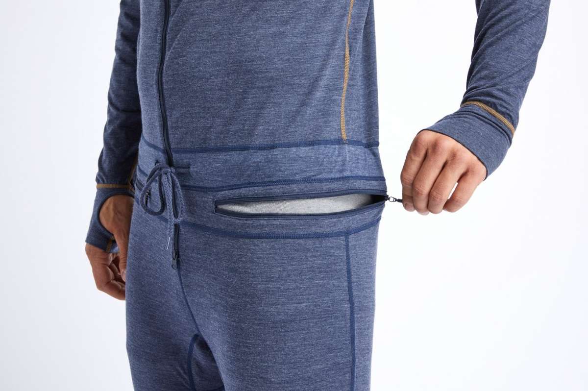 Airblaster Ninja Suit Merino 2022 - A heathered blue merino wool base layer with a zippered front and gold zipper pull.