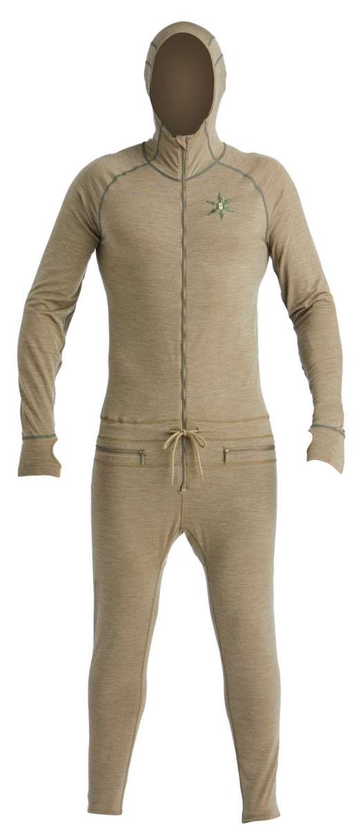 Airblaster Ninja Suit Merino 2022 - A tan-colored, long-sleeved onesie with a hood and zipper down the front.