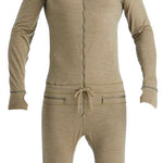 Airblaster Ninja Suit Merino 2022 - A tan-colored, long-sleeved onesie with a hood and zipper down the front.