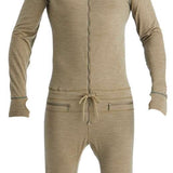 Airblaster Ninja Suit Merino 2022 - A tan-colored, long-sleeved onesie with a hood and zipper down the front.