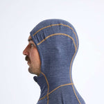 Airblaster Ninja Suit Merino 2022 - A heathered blue merino wool balaclava with tan stitching and zipper.