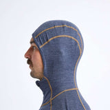 Airblaster Ninja Suit Merino 2022 - A heathered blue merino wool balaclava with tan stitching and zipper.