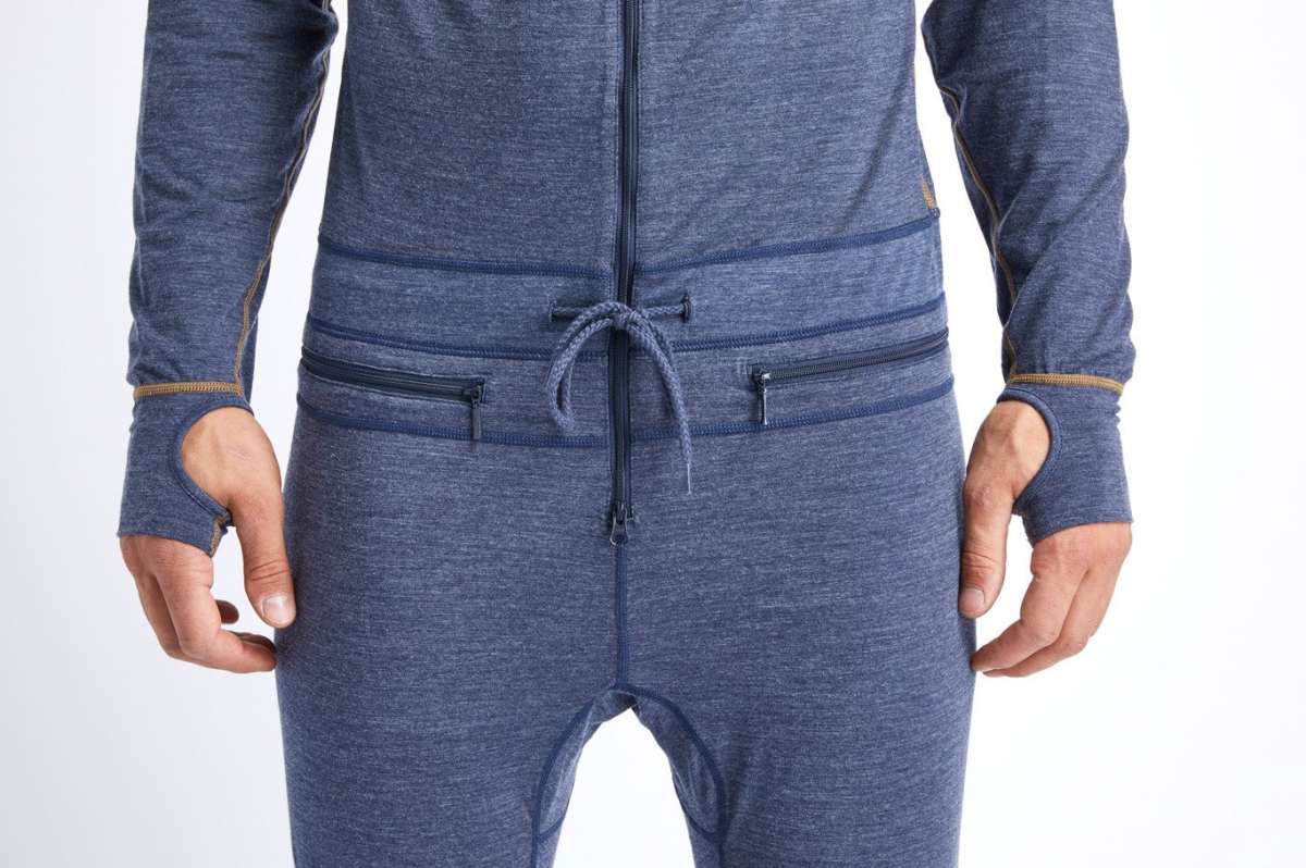 Airblaster Ninja Suit Merino 2022 - Heathered gray merino wool base layer with tan zipper and drawstring cord.