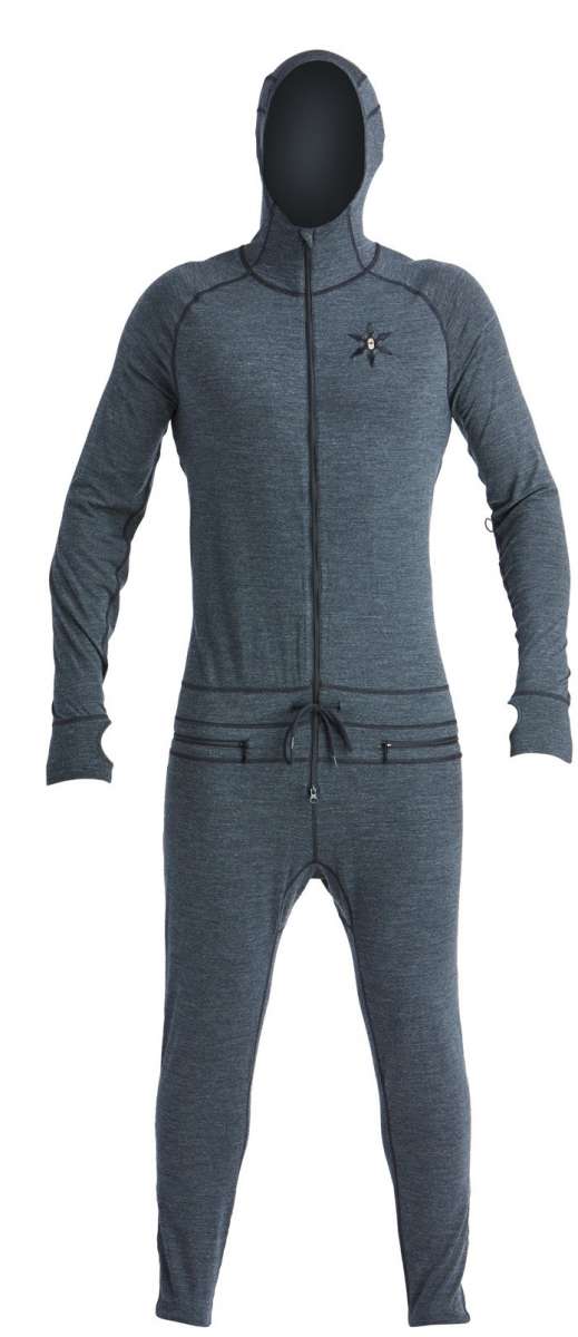 Airblaster Ninja Suit Merino 2022 - A dark gray, merino wool onesie with a hood and zipper down the front.
