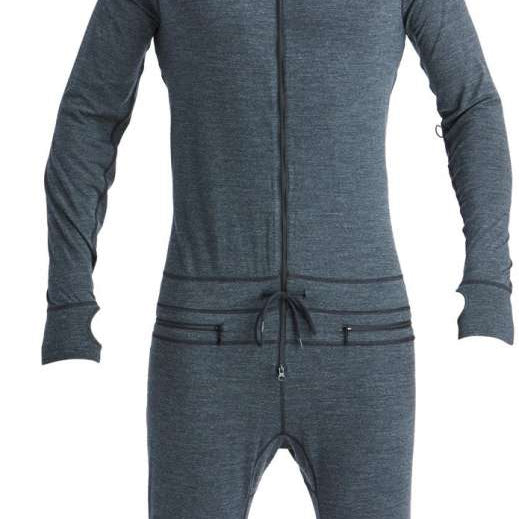 Airblaster Ninja Suit Merino 2022 - A dark gray, merino wool onesie with a hood and zipper down the front.