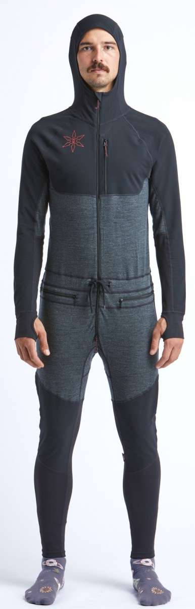 Airblaster Ninja Suit Pro 2022 - Black snowsuit with red embroidered logo on chest and black zipper.