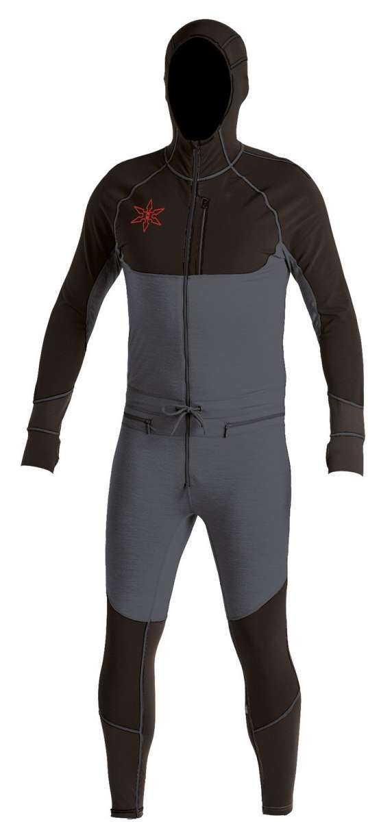 Airblaster Ninja Suit Pro 2022 - Black snowsuit with red logo on chest and black zipper.
