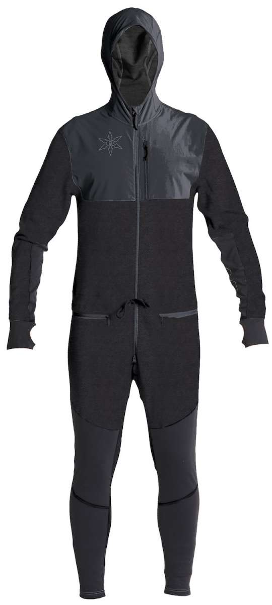 Airblaster Ninja Suit Pro II 2024 - Black snowsuit with a star logo on the chest and a zipper down the front.